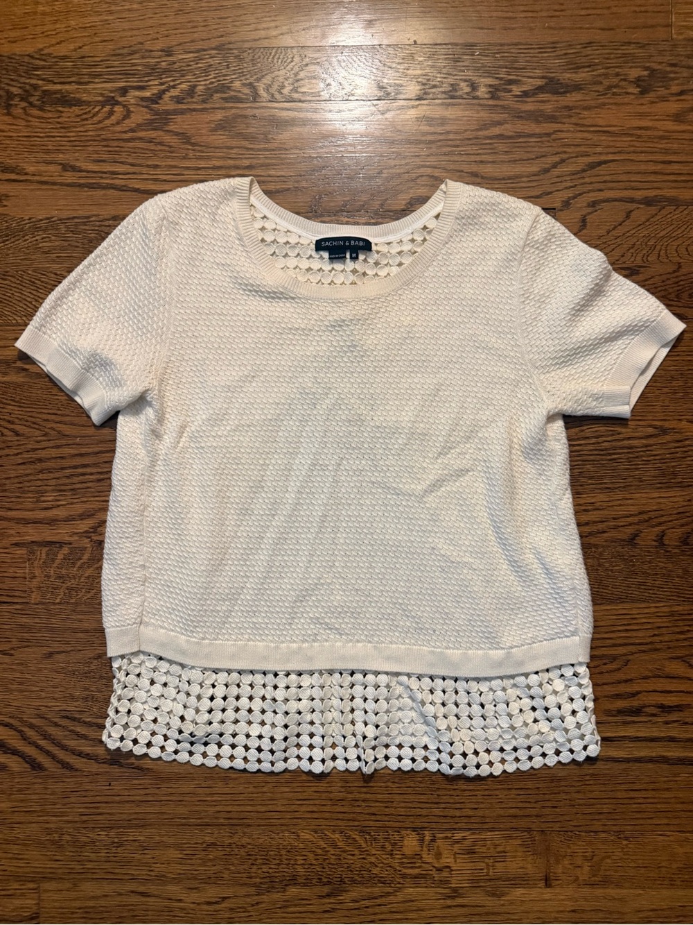 Sachin + Babi Cream Short-Sleeve Knit Top with Crochet Hem